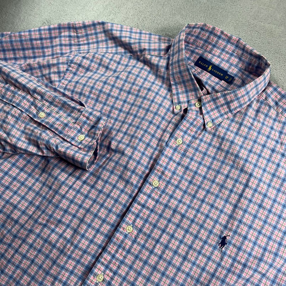 Ralph Lauren Men 3XB Big Plaid Button Down Shirt Blue Pink Long Sleeve Pony Logo